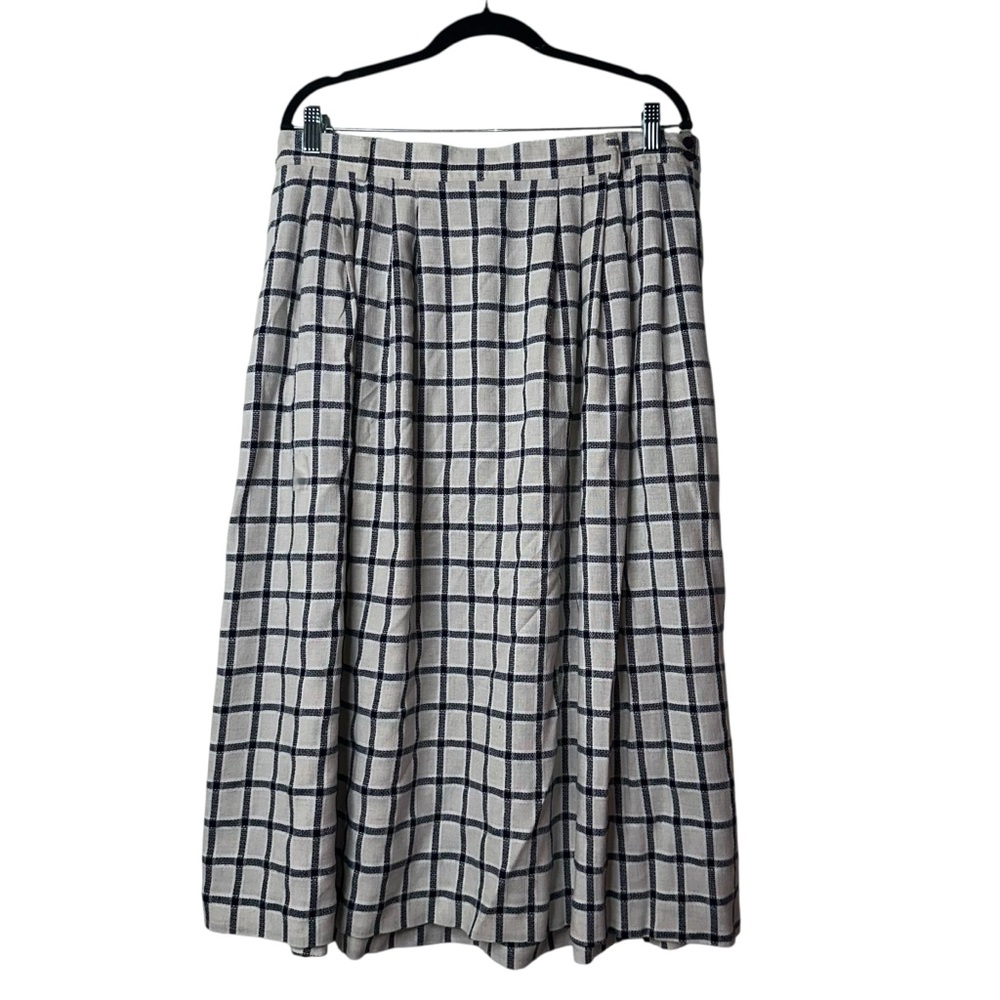 ORVIS white and blue checkered plaid midi flax blend skirt